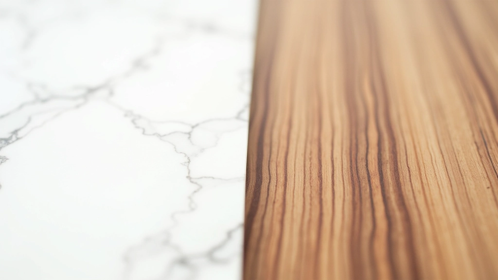 Close-up detail of marble and wood materials showing texture contrast and color variation