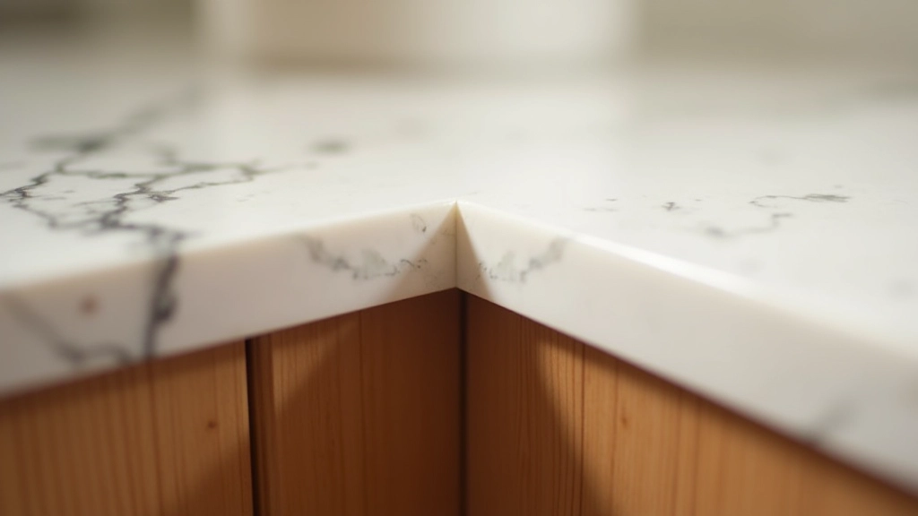 Detail shot of marble and wood meeting at an edge showing proper material transition