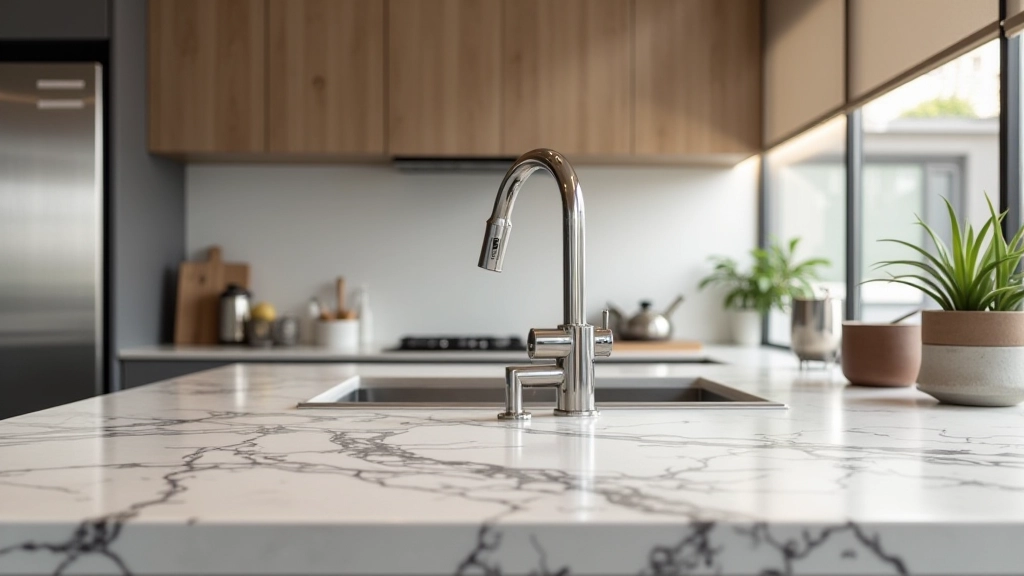 Granite countertop with stainless steel backsplash and tile floor showing three different hard surfaces meeting seamlessly