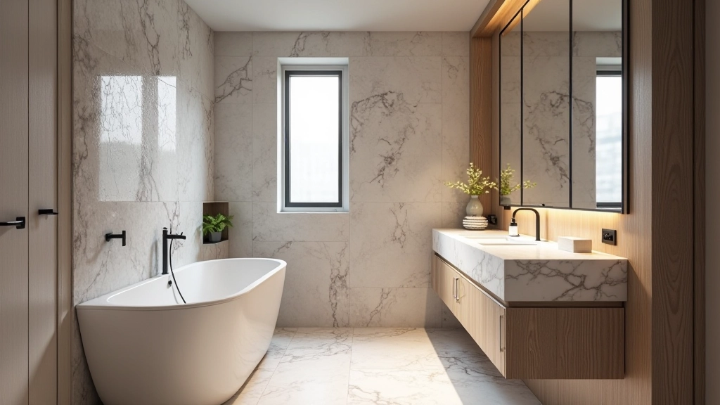 Bathroom with textured tile work and natural light