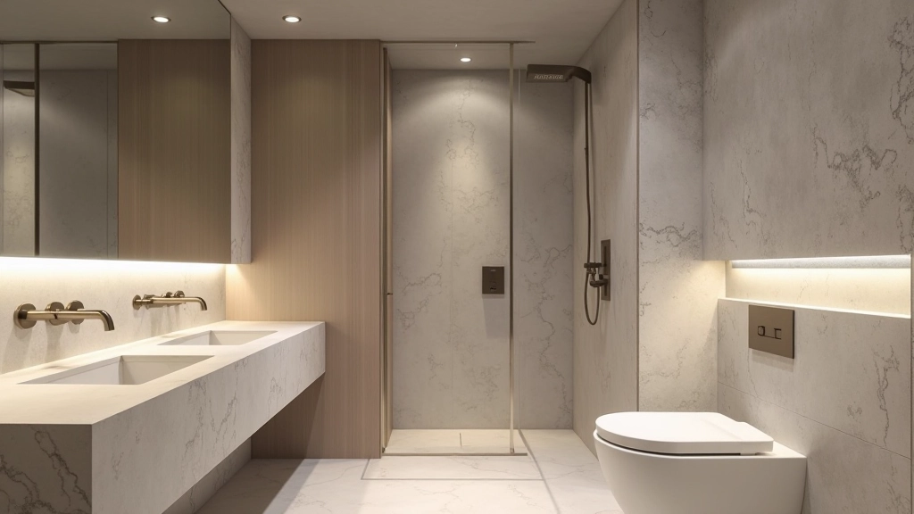Contemporary bathroom with concrete walls, ceramic tiles, and brushed metal fixtures showing texture layering