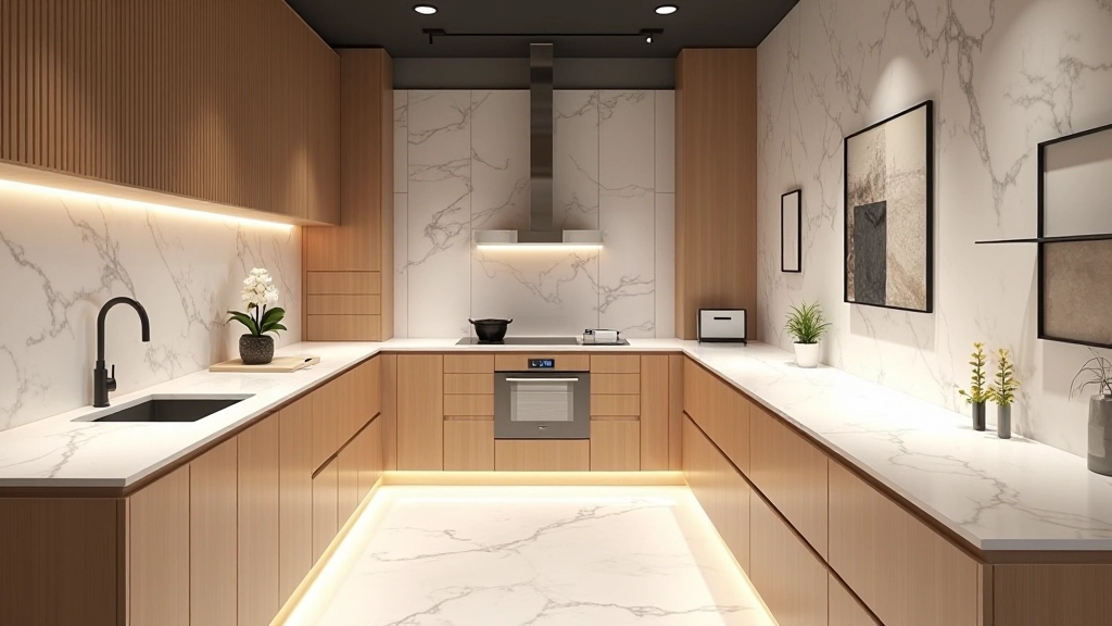 Modern interior design showroom displaying various material samples and texture combinations
