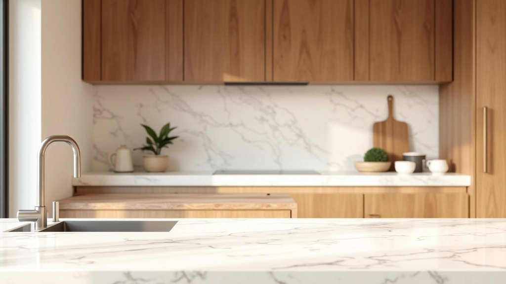 Modern living room with marble countertop and warm wood cabinetry showing material contrast
