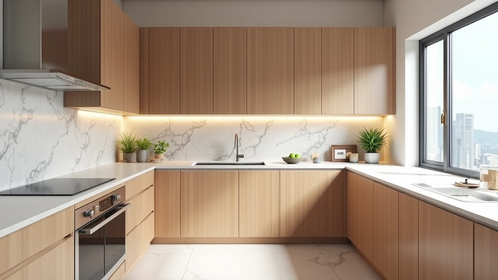 Modern kitchen interior demonstrating texture layering with stone countertop, metal fixtures, and wooden elements