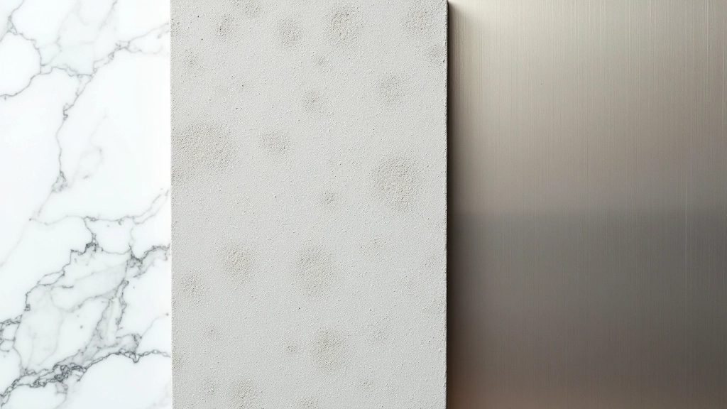 Close-up of layered textures showing matte concrete surface next to polished stone with subtle fabric accent